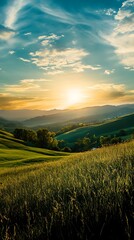 Golden Sunset Over Rolling Green Hills and Field