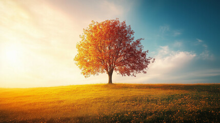 Fototapeta premium Tree with vibrant red leaves on autumn hillside