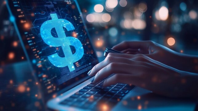 Glowing blue dollar sign and map on a blurry background. - Powered by Adobe