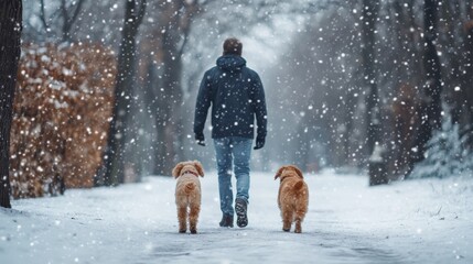 Man walks two dogs in winter snow