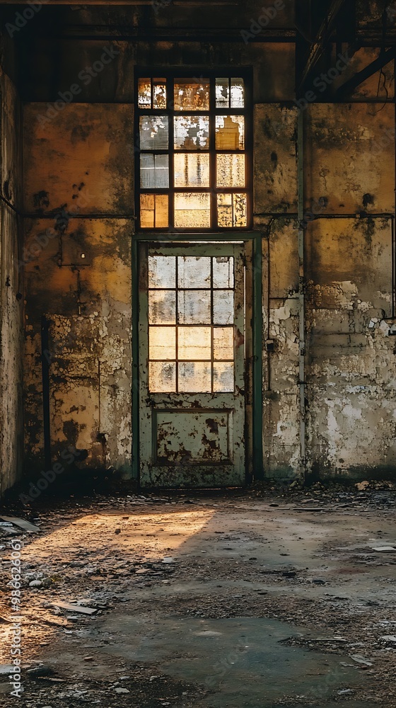 Poster sunbeams shining through a broken window in an abandoned building