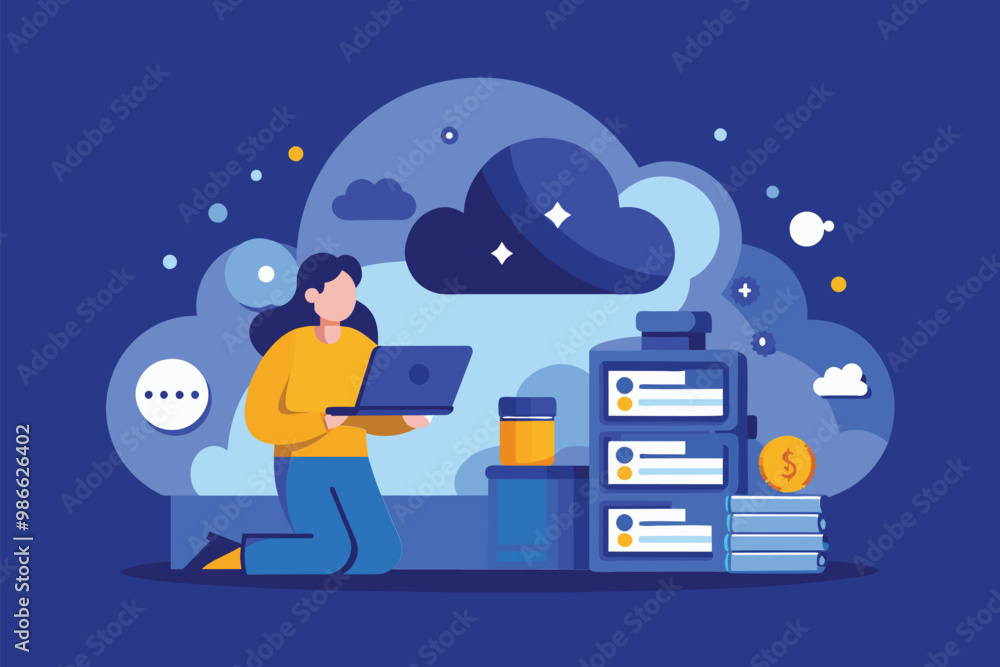 Poster a person kneels while using a laptop, surrounded by visual elements representing cloud storage and d
