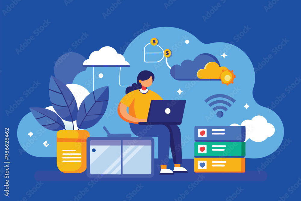 Poster a person engages with a laptop while surrounded by elements representing cloud storage and technolog