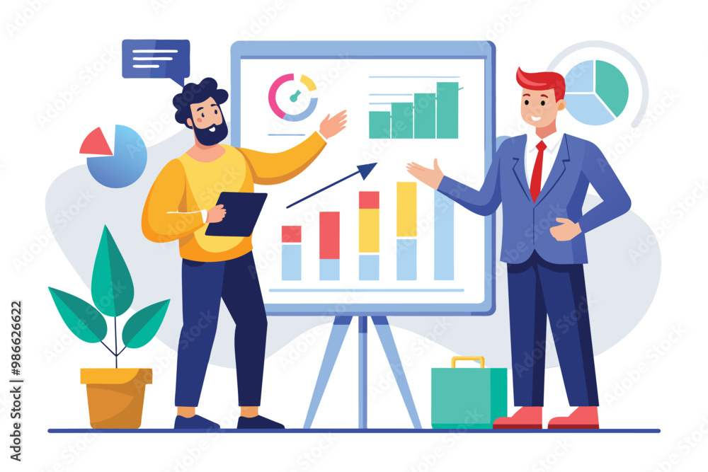 Poster a manager showcases a colorful success graph while discussing strategies with a colleague, boss disp