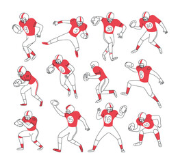 Set of american football players with football ball in different dynamic characteristic poses. Sport. Players in red uniform. Vector doodle linear illustration