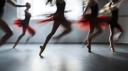 Dancers perform in a studio, with motion blur highlighting the fluidity and rhythm of their captivating choreography