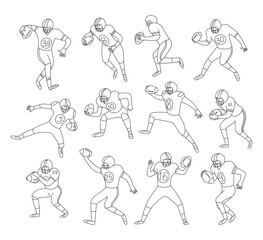 Naklejka premium Set of american football players with football ball in different dynamic characteristic poses. Sport. Vector doodle linear illustration
