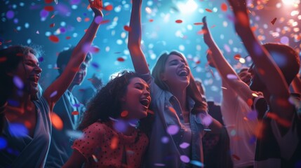 Young happy people are dancing in club. Nightlife and disco concept