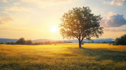 Fototapeta premium Lone tree in bright field under sunset glow
