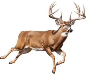 a white-tailed deer buck (Odocoileus virginianus) with antlers in motion, full body, side 3/4 view in a PNG, Nature-themed, isolated, and transparent photorealistic illustration. Generative ai