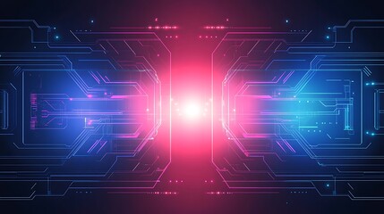 Fototapeta premium Abstract glowing circuit board with pink and blue light on dark background.