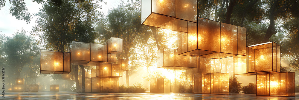 Poster surreal abstract art composition featuring 2d geometric grids that dissolve into 3d organic forms sy