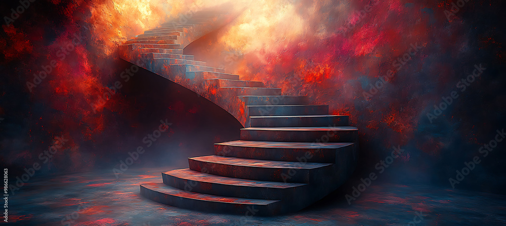 Poster surreal abstract art composition featuring 3d spiral staircase leads nowhere surrounded ethereal 2d 