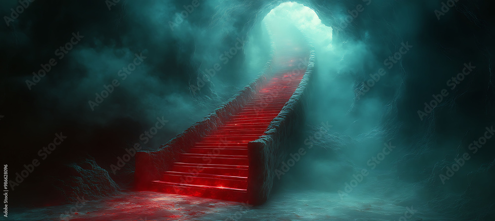 Poster surreal abstract art composition featuring 3d spiral staircase leads nowhere surrounded ethereal 2d 