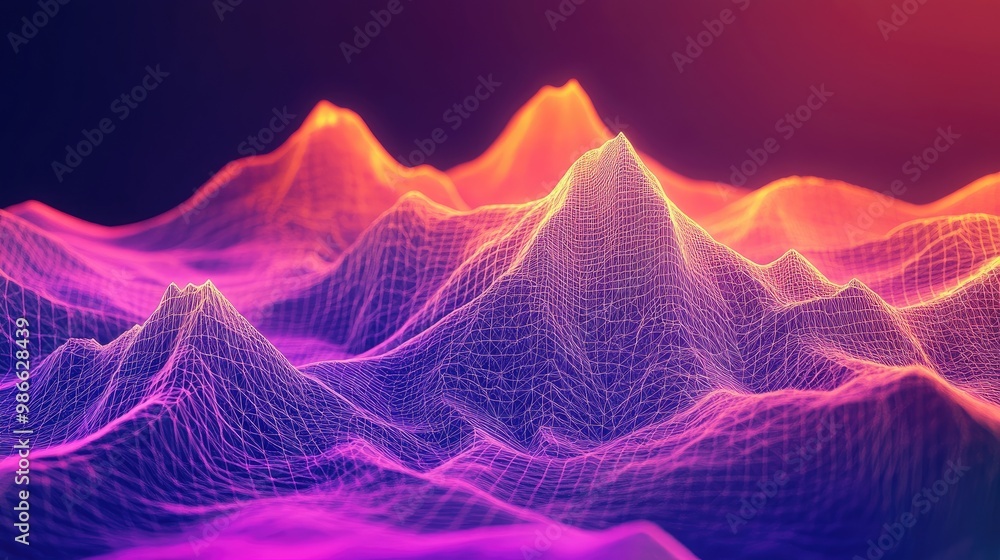 Poster bright, gradient-colored wireframe mountains with depth of field, showcasing a surreal and futuristi
