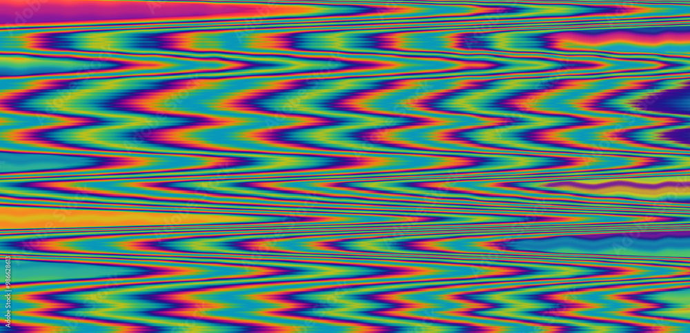 Poster Digital glitch or a distorted video signal, with sharp angles and jagged lines of iridescent colors, predominantly purple, blue, green, yellow, and orange.
