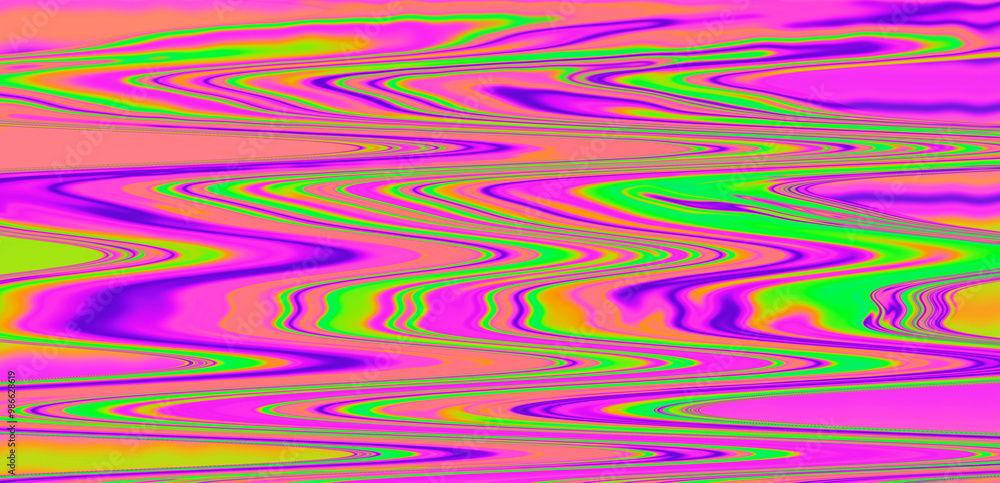 Poster Digital glitch or a distorted video signal, with sharp angles and jagged lines of iridescent colors, predominantly purple, blue, green, yellow, and orange.