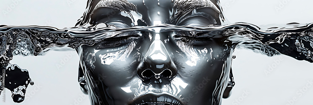 Poster surreal abstract art composition featuring 2d ink blots merging with 3d liquid metal symbolizing the