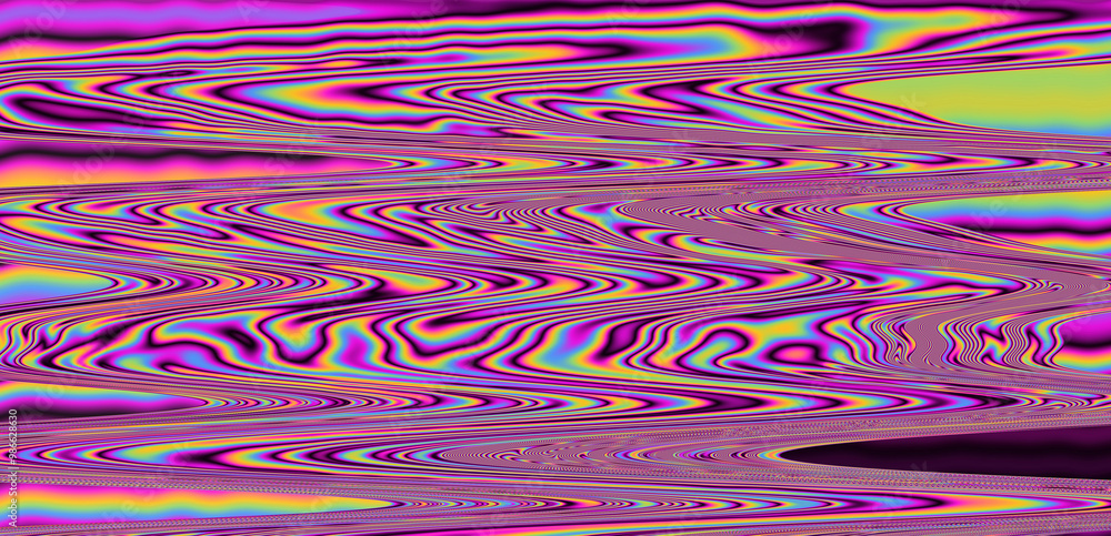 Poster Digital glitch or a distorted video signal, with sharp angles and jagged lines of iridescent colors, predominantly purple, blue, green, yellow, and orange.