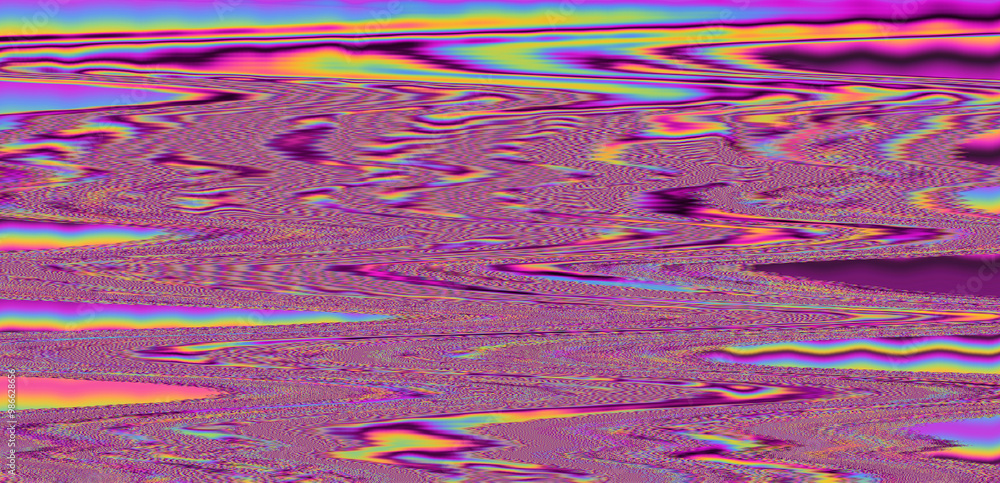 Poster Digital glitch or a distorted video signal, with sharp angles and jagged lines of iridescent colors, predominantly purple, blue, green, yellow, and orange.