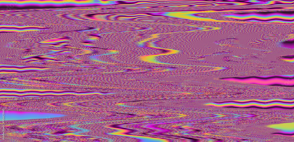 Poster Digital glitch or a distorted video signal, with sharp angles and jagged lines of iridescent colors, predominantly purple, blue, green, yellow, and orange.