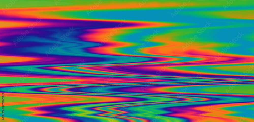 Poster Digital glitch or a distorted video signal, with sharp angles and jagged lines of iridescent colors, predominantly purple, blue, green, yellow, and orange.