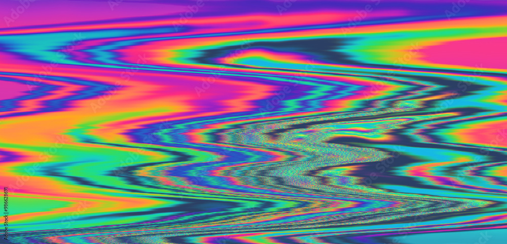 Poster Digital glitch or a distorted video signal, with sharp angles and jagged lines of iridescent colors, predominantly purple, blue, green, yellow, and orange.
