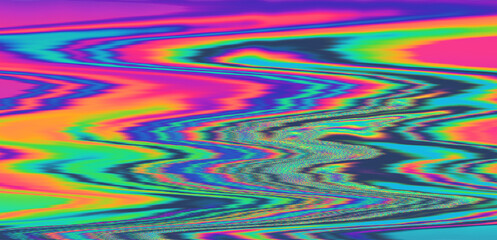 Digital glitch or a distorted video signal, with sharp angles and jagged lines of iridescent colors, predominantly purple, blue, green, yellow, and orange.