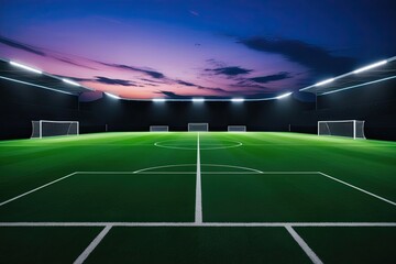 Fototapeta premium Twilight Illuminated Soccer Field Showcasing Midfield and Goal Line