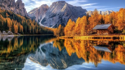 Autumn Dolomites Limides lake.