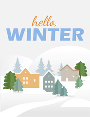 Card for winter holidays with snowly landscape. Trees and houses in paper cut style.