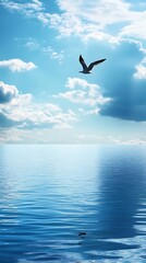Fototapeta premium Single Seagull Flying Over Tranquil Ocean with Blue Sky and Clouds