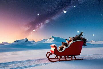 Naklejka premium Magical Arctic Winter Landscape with Shining Stars and Joyful Sleigh