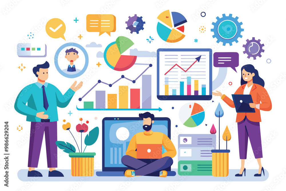 Poster professionals engage with data visualization tools while analyzing business statistics and trends, b