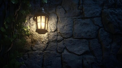 Vintage lantern illuminating a stone wall at night