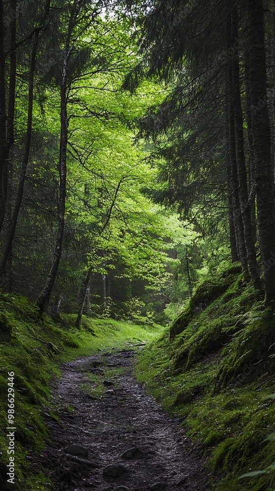 Poster mysterious forest path with green trees and moss covered rocks, nature background