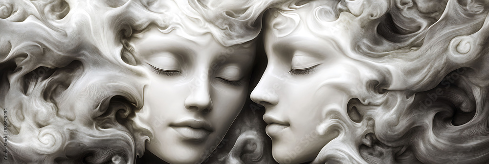 Poster surreal abstract art piece featuring 2d inkblots morph into 3d faces symbolizing the fluid nature of