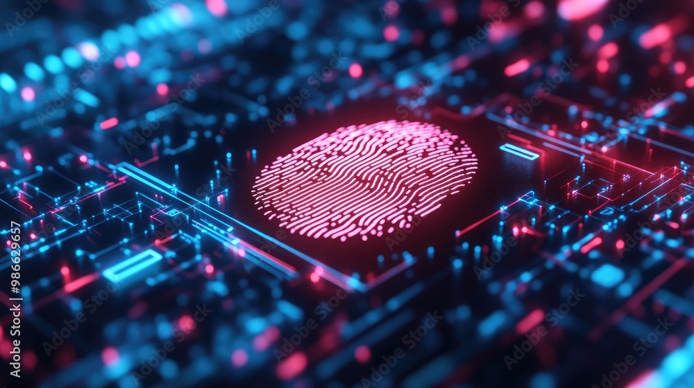 Poster close-up of a fingerprint sensor on a digital interface, showing the protection of personal data thr