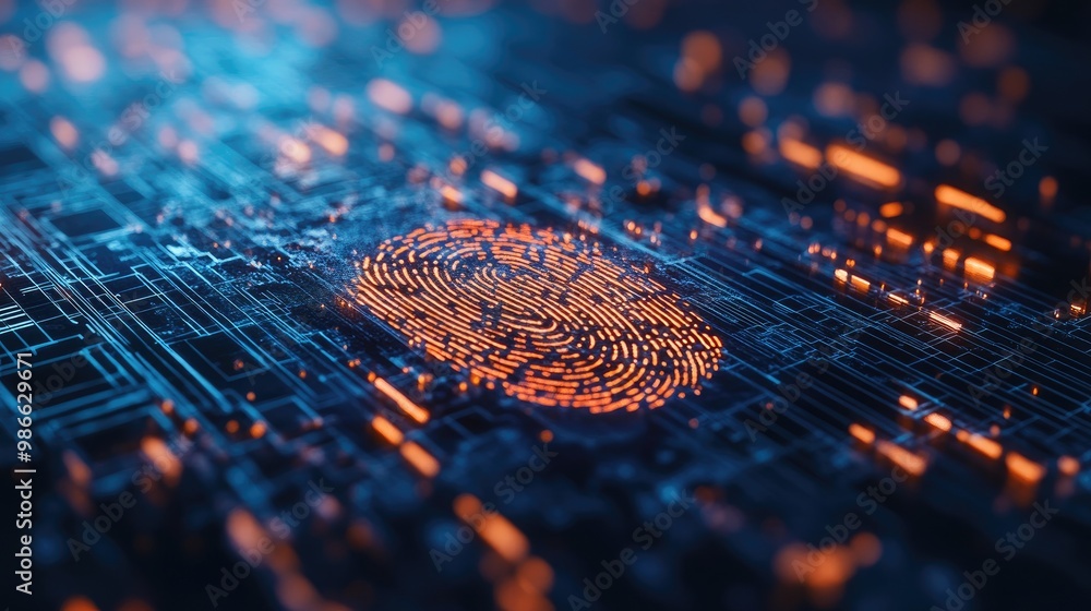 Poster close-up of a fingerprint sensor on a digital interface, showing the protection of personal data thr