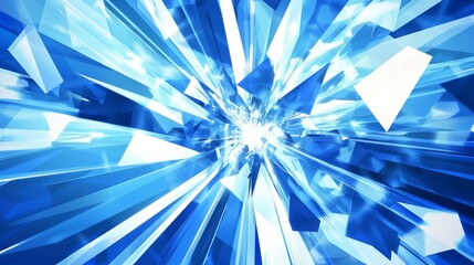 Abstract blue and white geometric shapes radiate outward from the center, creating a dynamic and energetic visual.