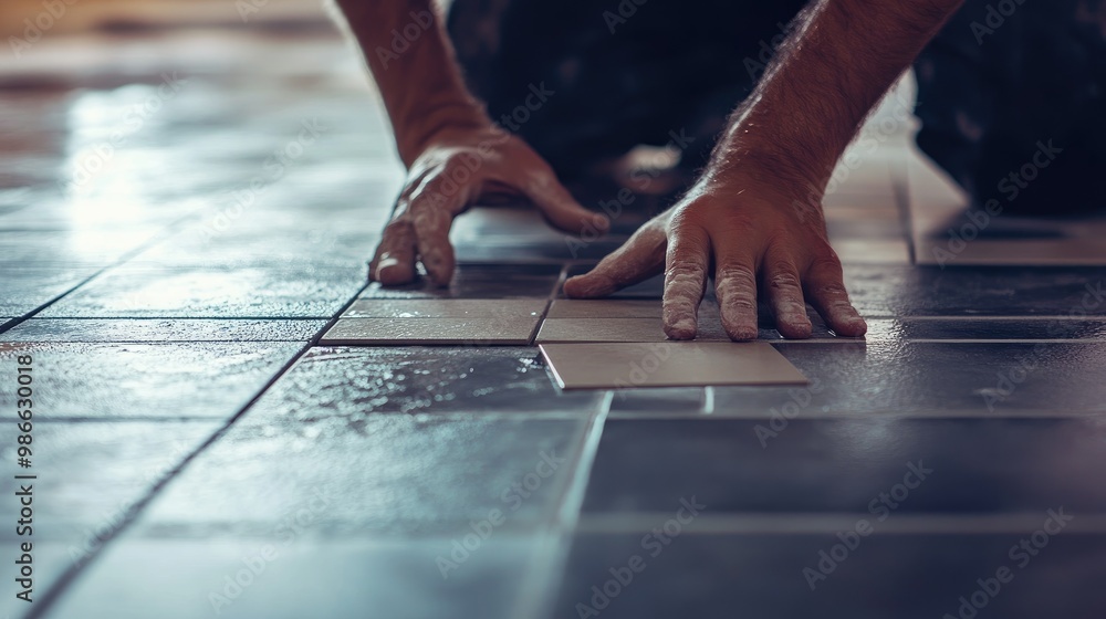 Poster close-up of a tilers hands meticulously aligning tiles on a floor, ensuring perfect spacing and symm