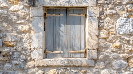 Mediterranean window, rustic stone wall, copy space.