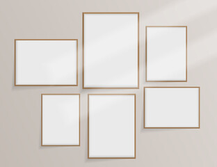 Set of templates of wooden frames on the wall. Vector mockup with space for design.