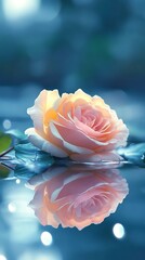 Single pink rose floating on water with reflection