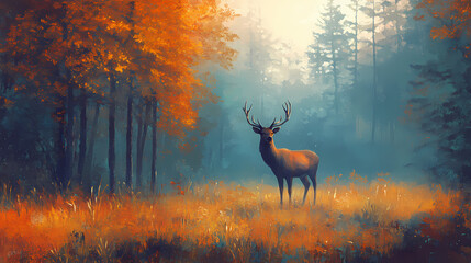 Oil painting, landscape with deer, ai generated. Oil Painting. Illustration