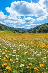 Obraz premium A field of yellow and white flowers with a blue sky in the background