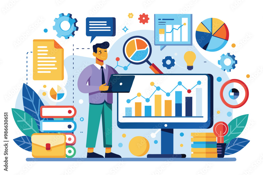 Poster a professional analyzes data using a computer, surrounded by graphs, charts, and visual aids for ins
