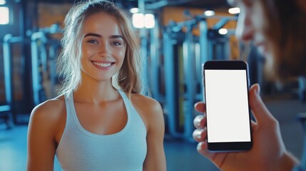 Fitness and health concept: Happy woman and trainer with blank smartphone at gym.