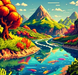 Pixel Art Scene of a Vibrant River Landscape