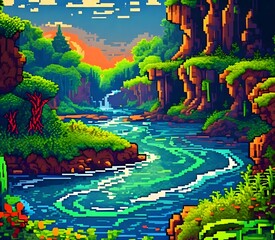 Pixel Art Scene of a Vibrant River Landscape